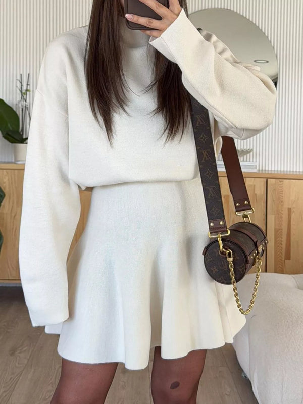 Mock Neck Knit Top and Flared Skirt Set