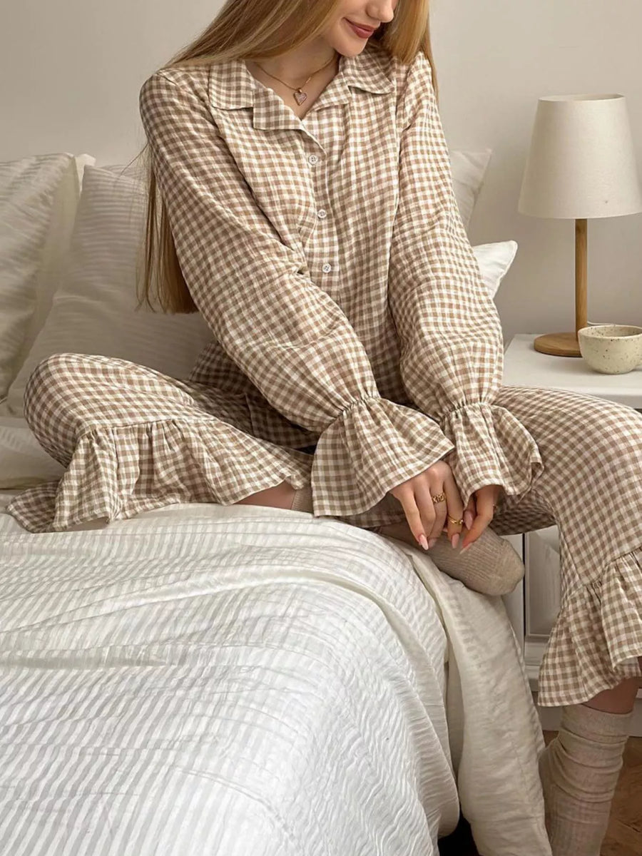 Gingham Ruffle-Trim Top and Pants Lounge Set