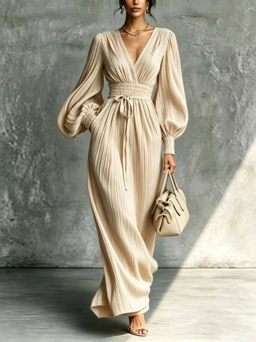 Elegant Pleated V-Neck Maxi Dress with Lantern Sleeves and Tie-Waist