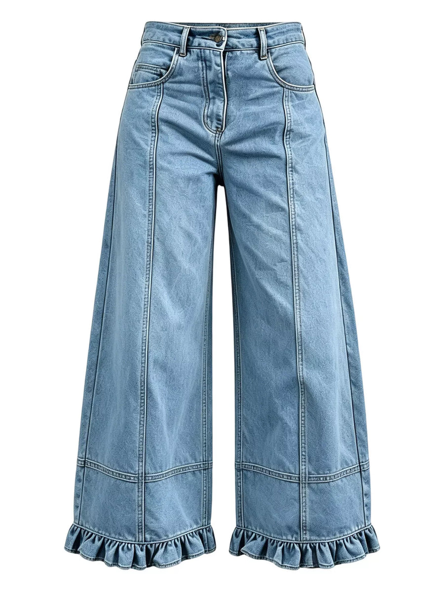 Full Size High-Waisted Wide-Leg Ruffled Hem Jeans Plus Size