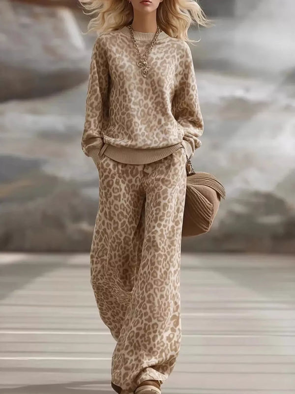 Leopard Dropped Shoulder Top and Pants Set