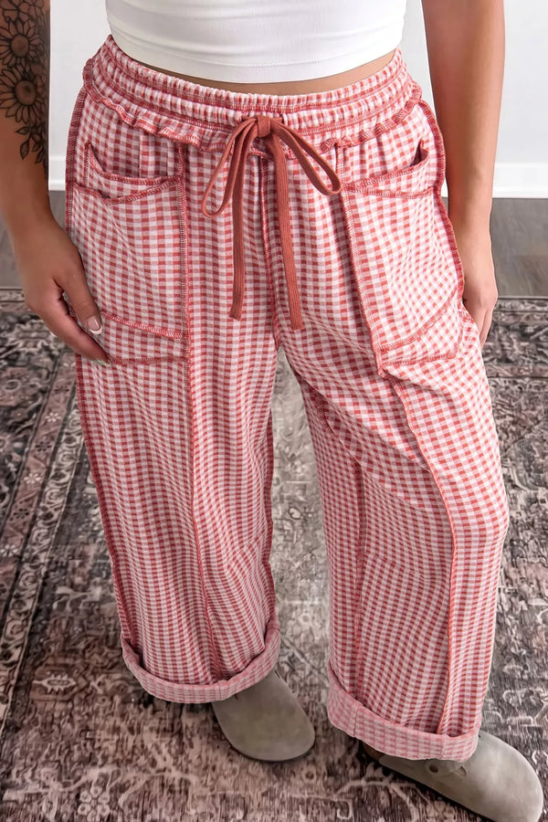 Gingham High-Waisted Drawstring Wide-Leg Pants