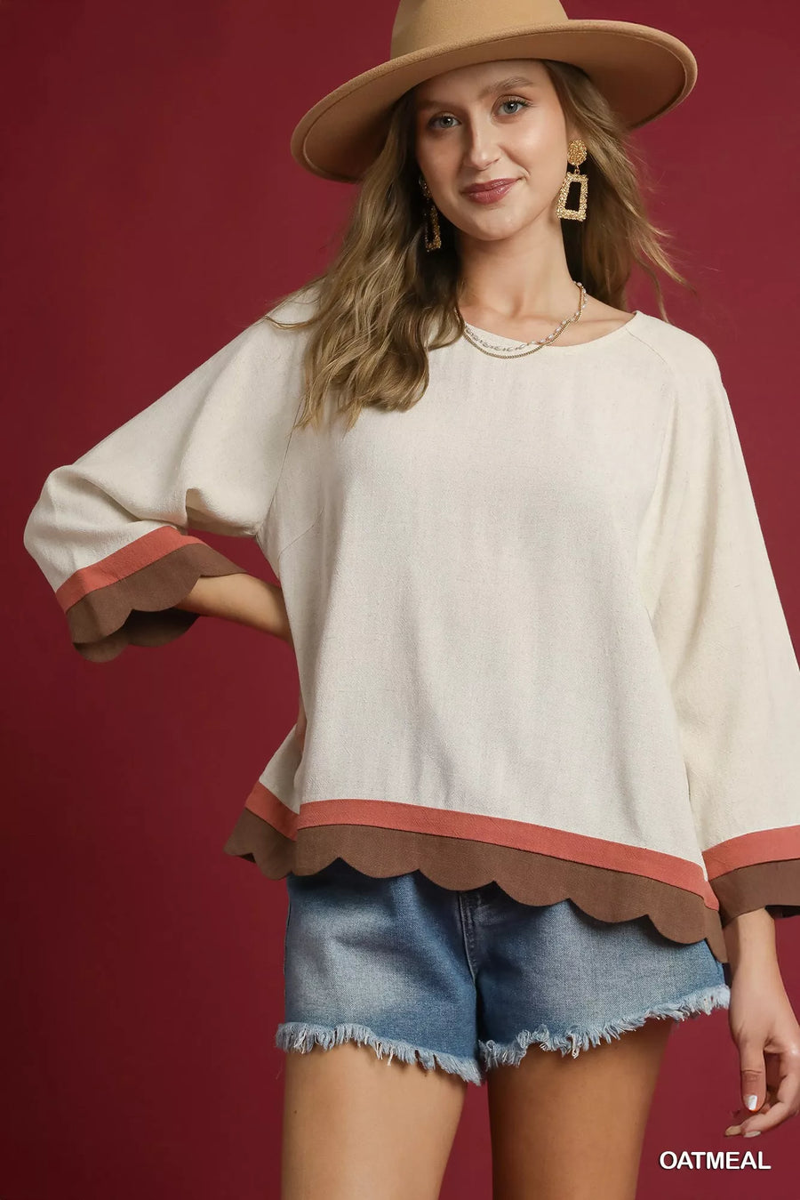 Umgee Scalloped Hem Color Block Top