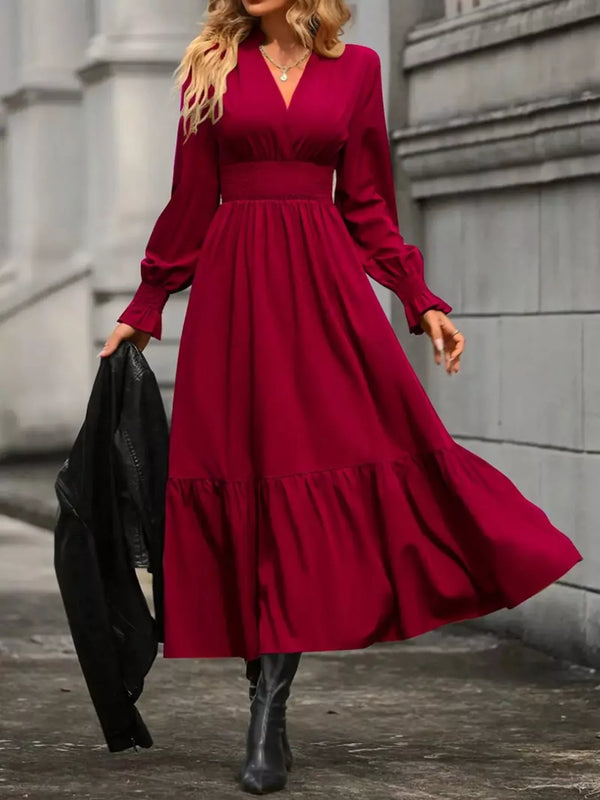 Surplice Long Sleeve Tiered Midi Dress