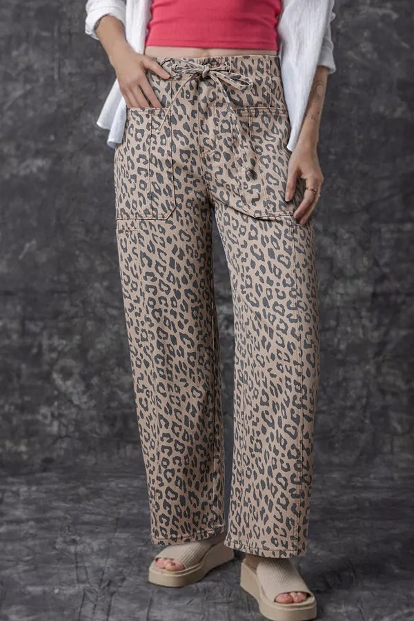 Leopard Printed Drawstring Waist Pocketed Wide Leg Jeans