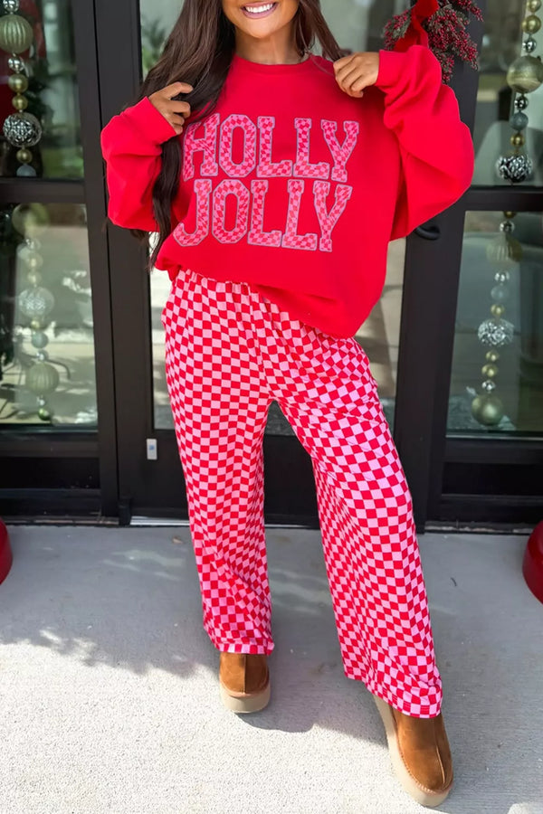 Christmas Slogan Graphic Plaid Contrast Top and Pants Set