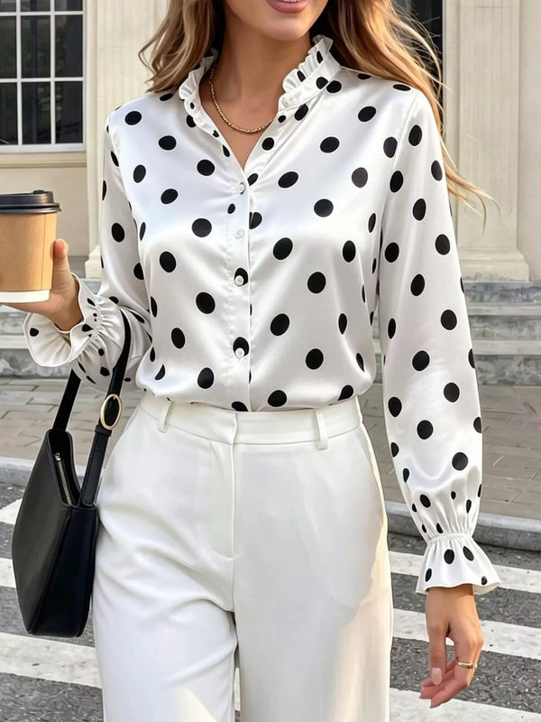 Elegant Button Down Ruffle Trim Satin Shirt