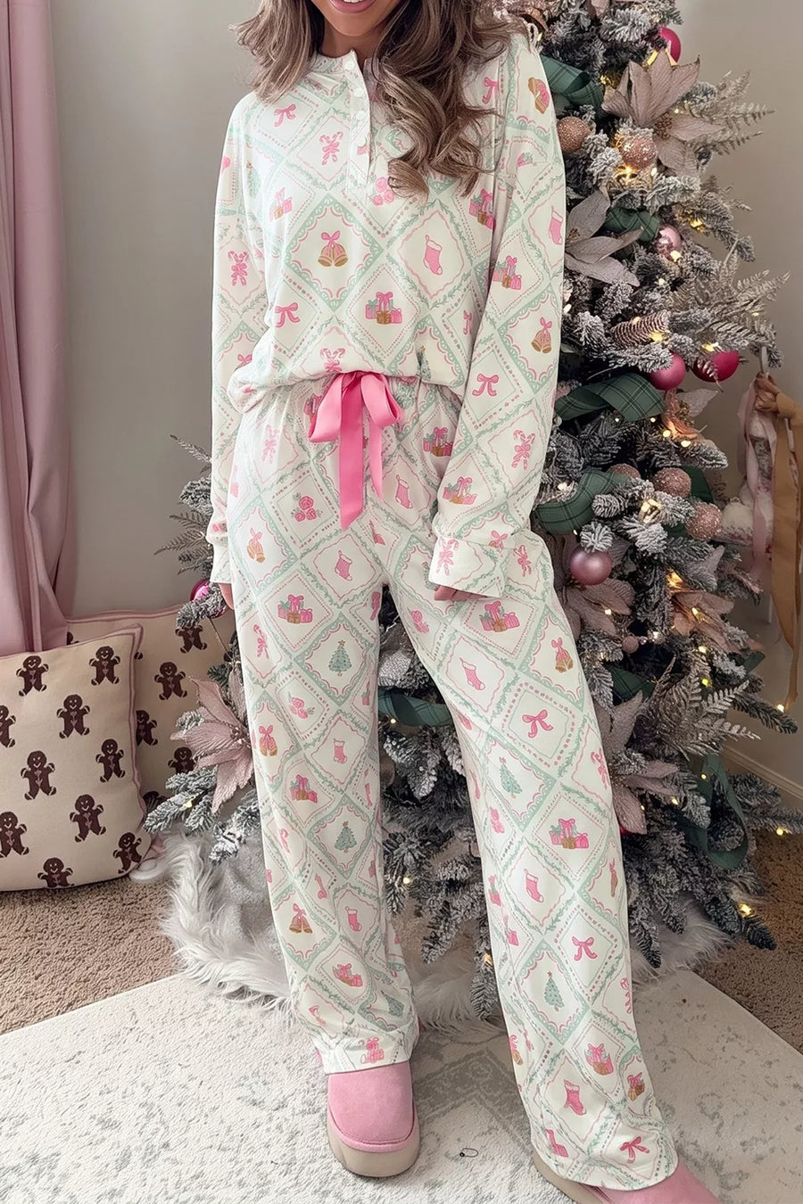 Long Sleeve Patchwork Shift and Pants Christmas Daily Wear Lounge Set