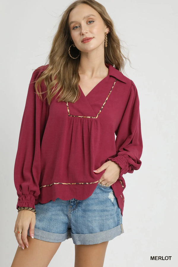 Umgee Full Size Linen Scallop Hem Blouse with Contrast Trim Plus Size
