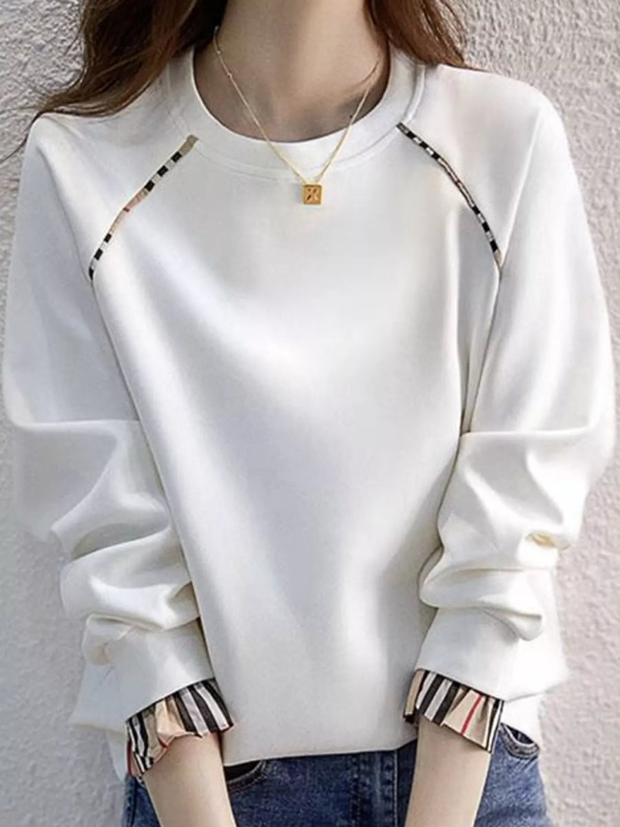 Plaid-Trimmed Crew Neck Sweatshirt