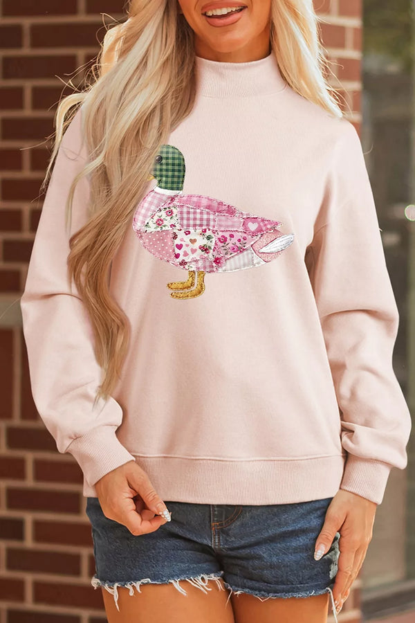 Patchwork Mallard Printed Graphic Mock Neck Pullover Sweatshirt