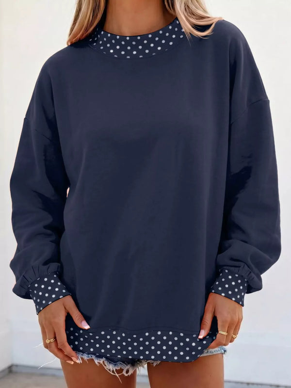 Polka Dot Trim Contrast Crew Neck Sweatshirt