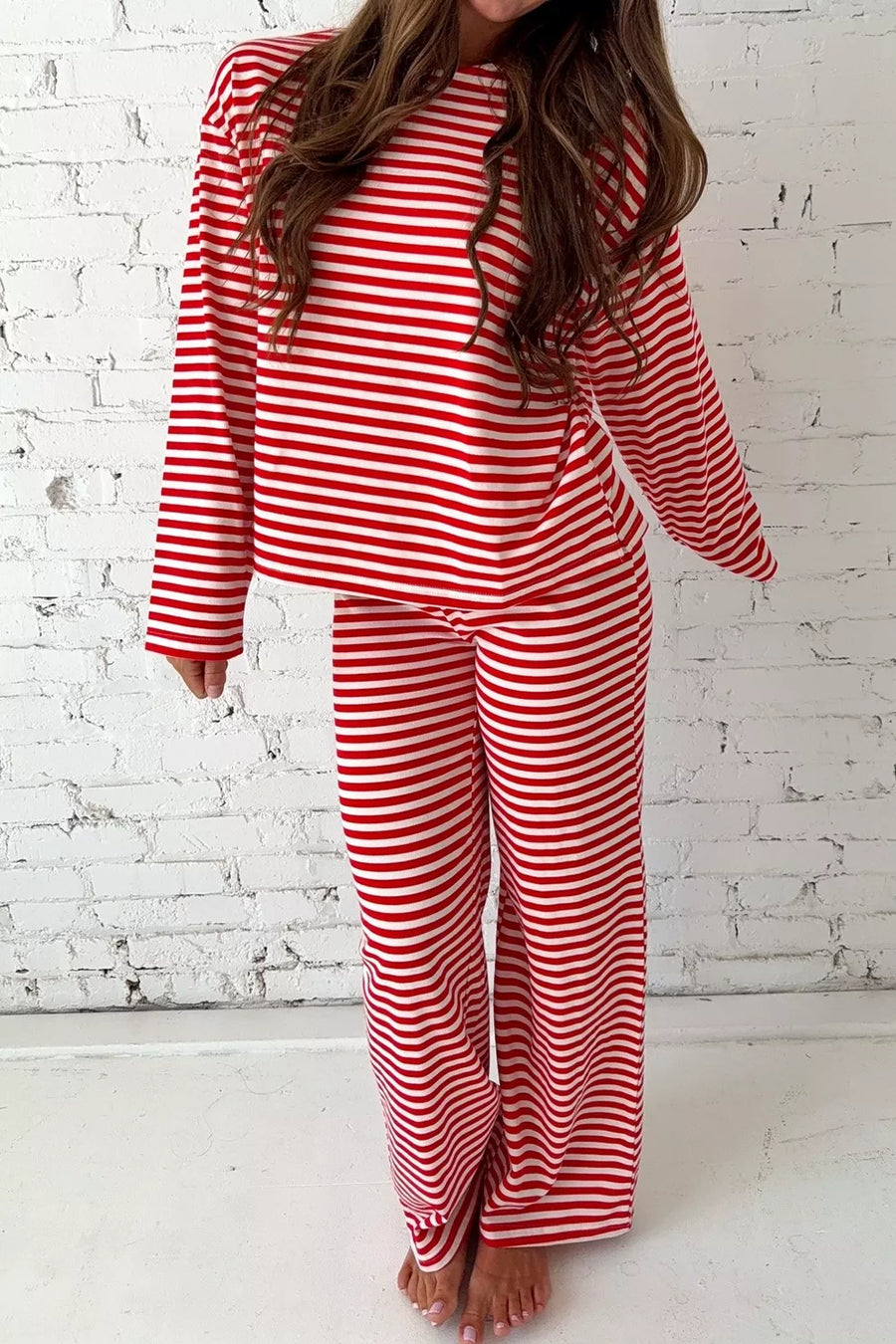 Striped Round Neck Top and Pants Set
