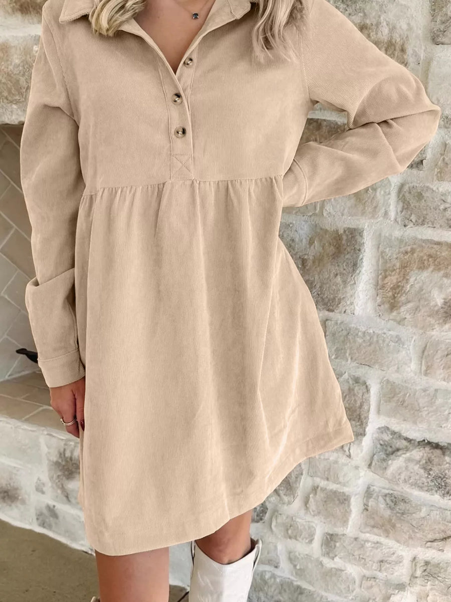 Corduroy Half Button Collared Long Sleeve Mini Dress