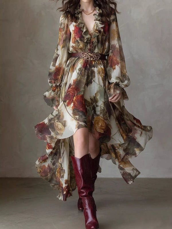 Floral Print Ruffle Trim High-Low Chiffon Maxi Dress