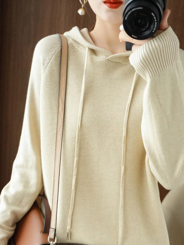 Drawstring Long Sleeve Hooded Knit Sweater