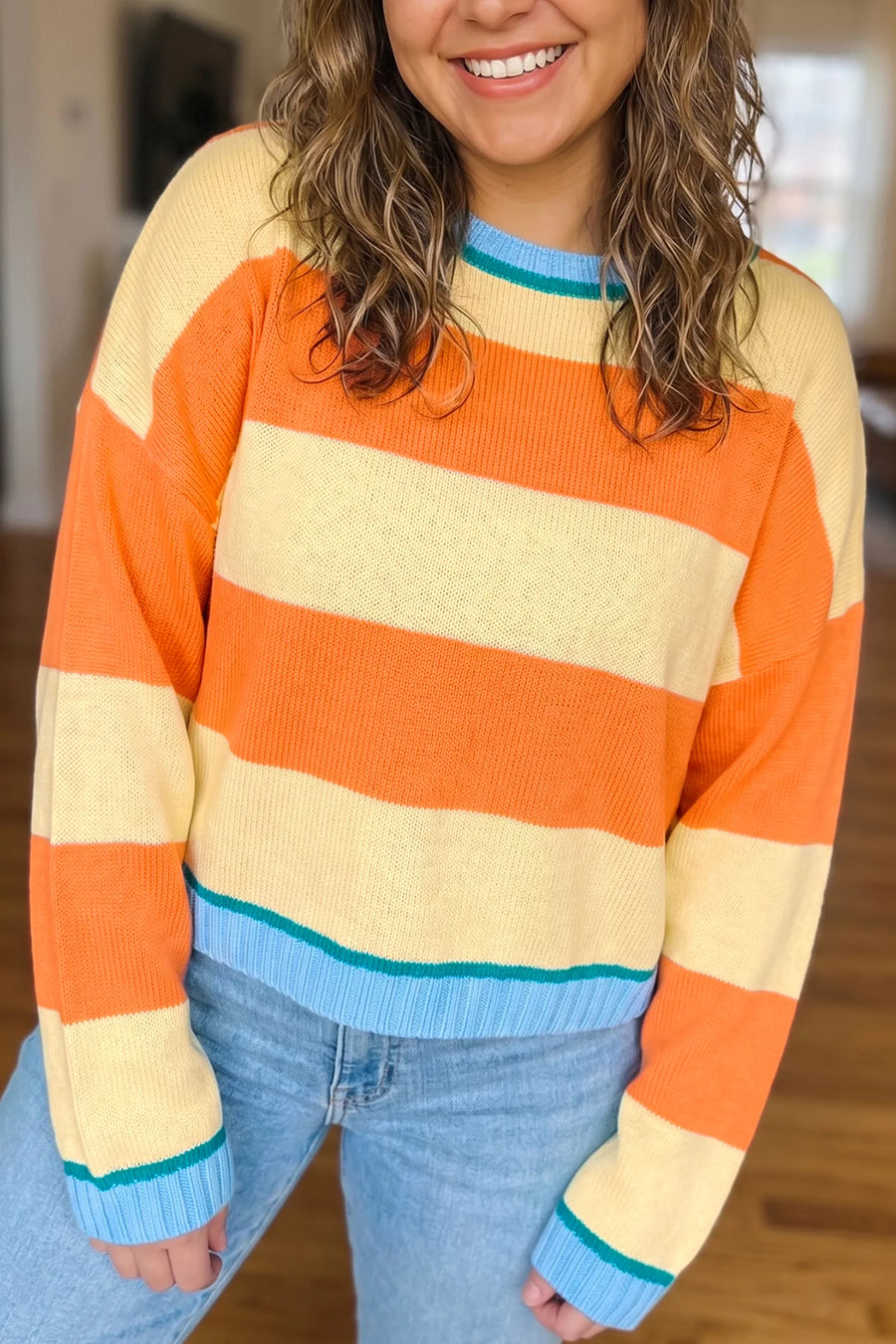 Plus Size Striped Color Block Round Neck Long Sleeve Oversized Sweater