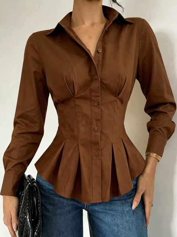 Button-Down Peplum Blouse with Fitted Waist