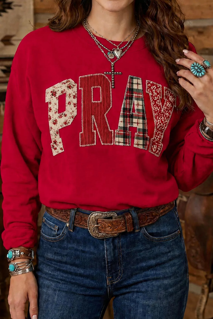 Floral Buffalo Plaid Striped Embroidered Patch Western Sweatshirt