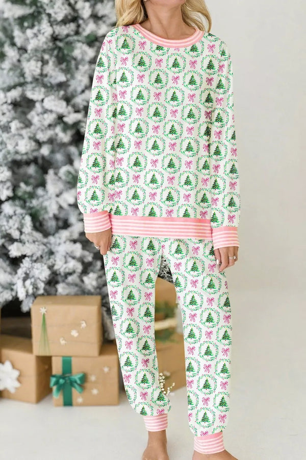Christmas Tree Print Contrast Striped Banding 2pcs Lounge Set