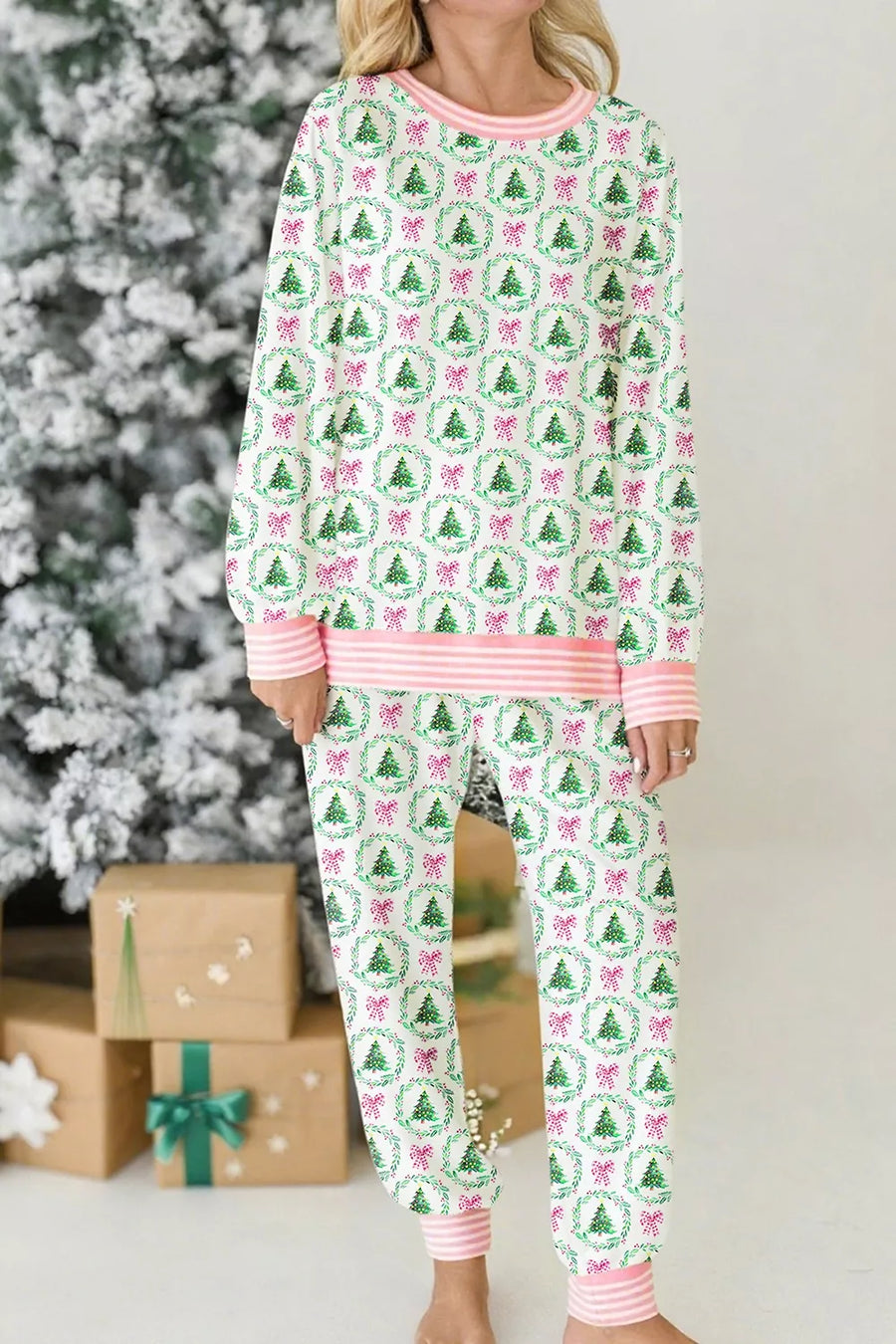 Christmas Tree Print Contrast Striped Banding 2pcs Lounge Set