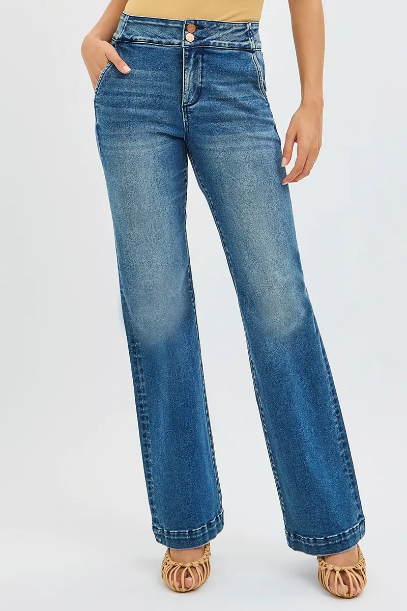 RISEN Full Size Tummy Control High Rise Bootcut Jeans with Double Button Waistband Plus Size