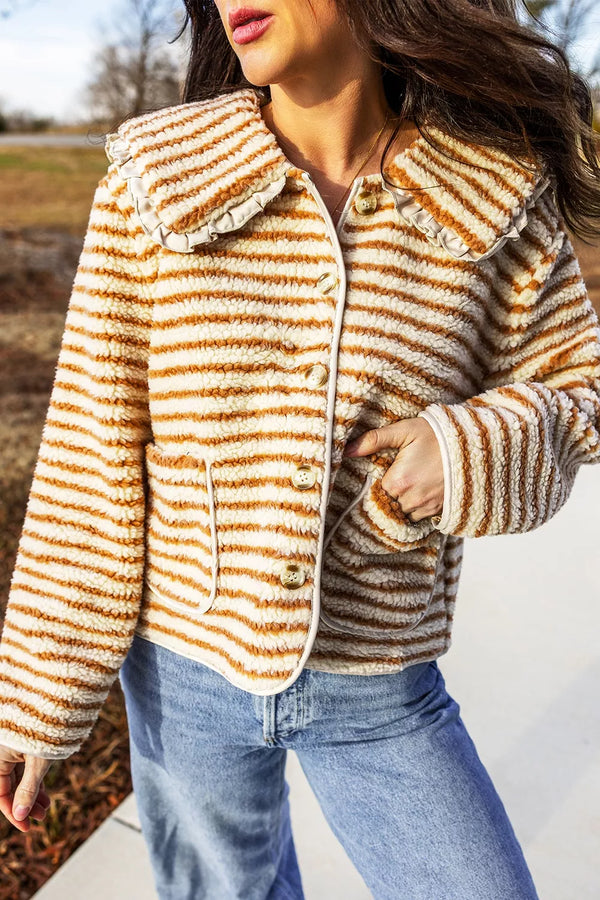 Striped Fleece Button Front Long Sleeve Regular Fit Jacket