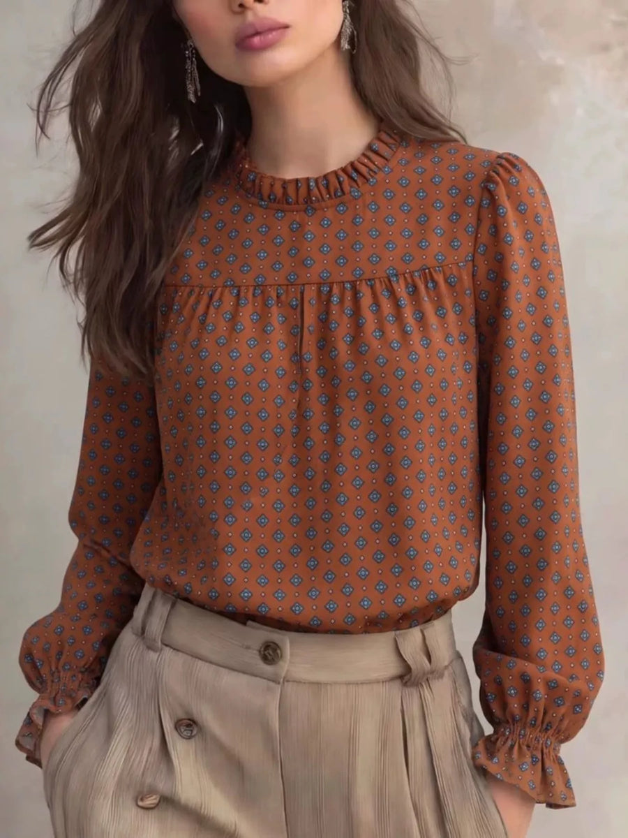 Geometric Print Mock Neck Puff Sleeves Blouse