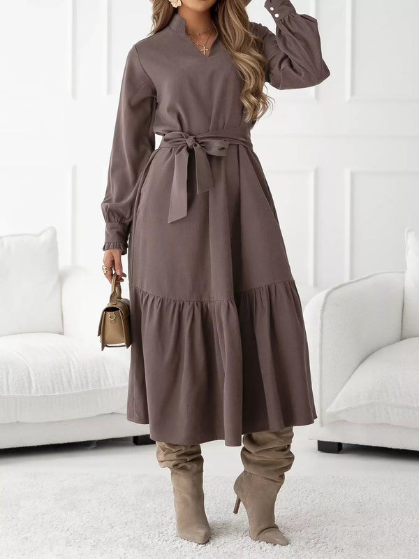 Long Sleeve Tie Waist Ruffle Hem Midi Dress