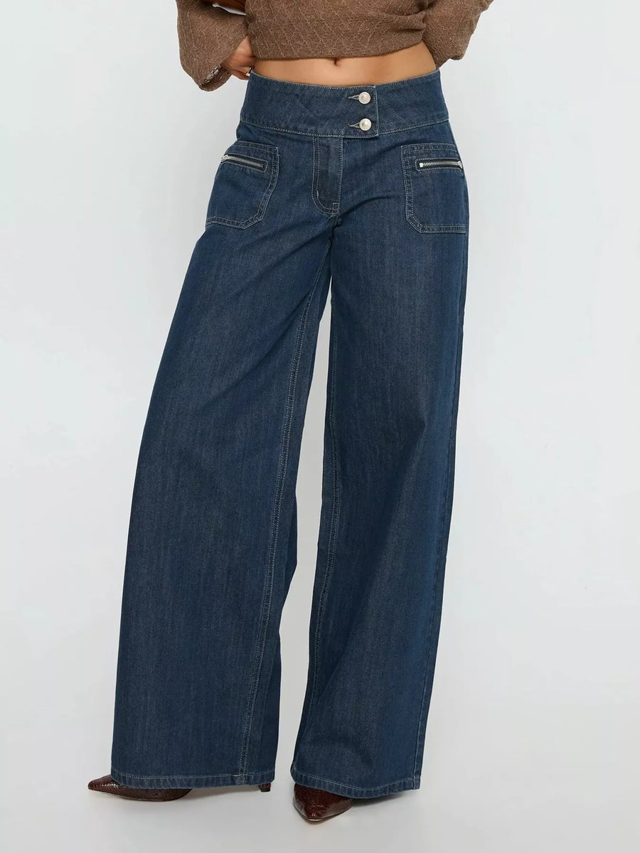 High-Waisted Wide-Leg Jeans with Zippered Pockets